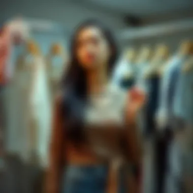 A serene scene of a woman choosing clothing that reflects her identity