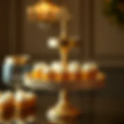 A stunning gold cupcake stand adorned with intricate designs showcasing elegance.