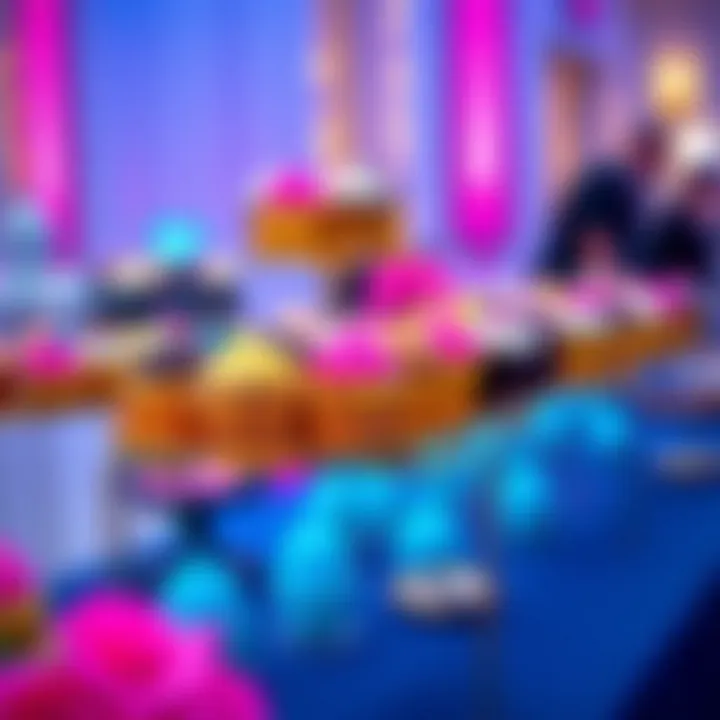 An array of colorful cupcakes displayed beautifully on a gold stand at an event.