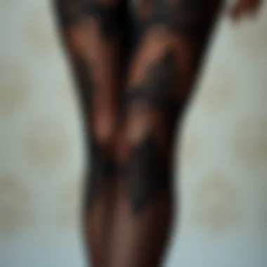 Intricate lace patterns on sheer tights