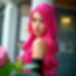 A vibrant long hot pink wig elegantly styled