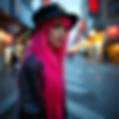 A chic outfit paired with a long hot pink wig