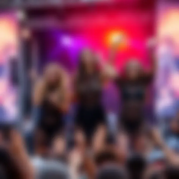 An outdoor festival stage with mesh-dressed attendees dancing joyfully.