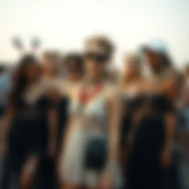 A diverse group of festival-goers styling mesh dresses with creative accessories.