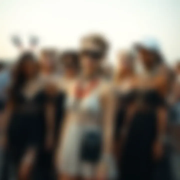 A diverse group of festival-goers styling mesh dresses with creative accessories.