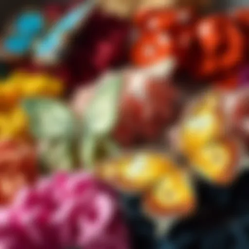 A collection of butterfly scrunchies in various colors and patterns