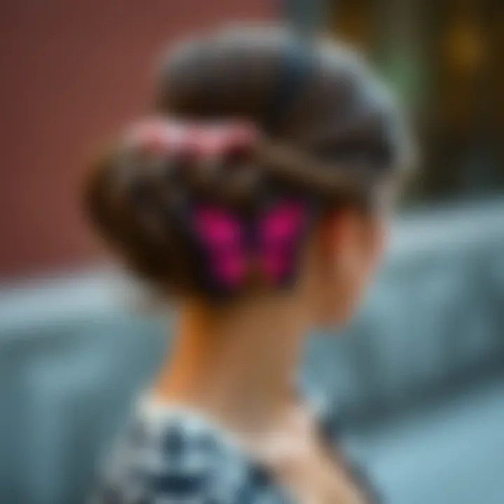 Stylish Hairdo Featuring a Butterfly Scrunchie An elegant hairstyle styled with a butterfly scrunchie, showcasing its charm