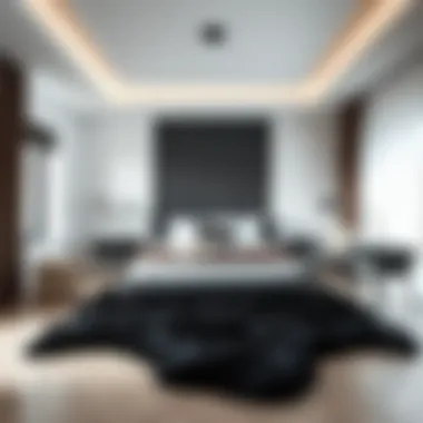 Minimalist Bedroom Elegance Black faux fur area rug enhancing a minimalist bedroom design