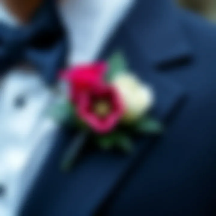 Close-up of a navy boutonniere featuring intricate floral design