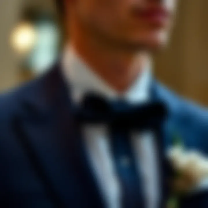 Stylish outfit coordinated with a navy boutonniere accessorizing formal wear