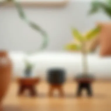 Diverse materials used in small tabletop plant stands illustrating design versatility