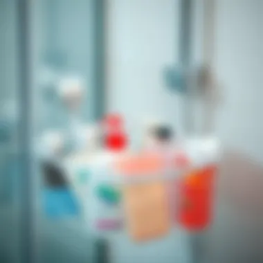 Mesh bag shower caddy filled with various toiletries and personal care products