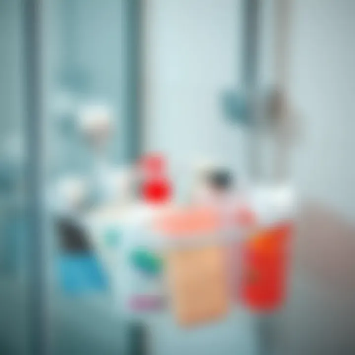 Mesh bag shower caddy filled with various toiletries and personal care products