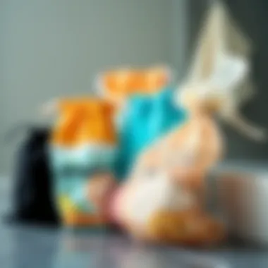 Different styles and colors of mesh bag shower caddies arranged neatly