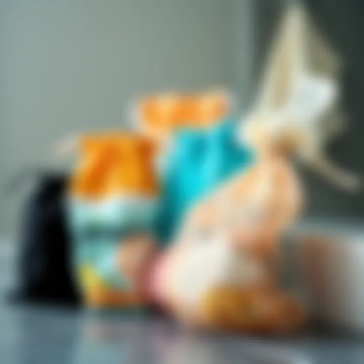 Different styles and colors of mesh bag shower caddies arranged neatly