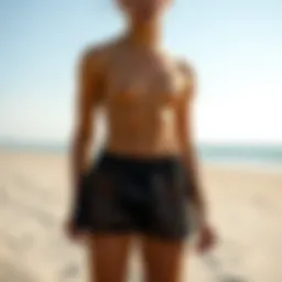 Stylish mesh swim shorts on a sandy beach