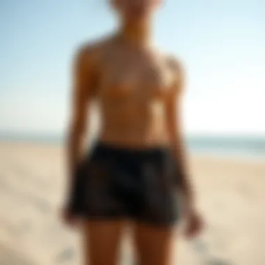 Stylish mesh swim shorts on a sandy beach