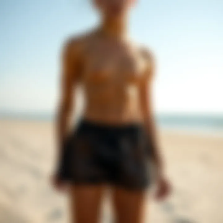 Stylish mesh swim shorts on a sandy beach