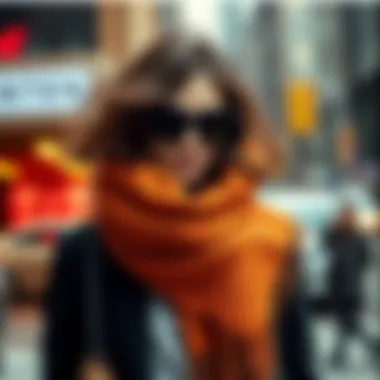 Contemporary Fashion Statement A stylish individual wearing a thick shawl in a modern urban setting, illustrating contemporary fashion trends.