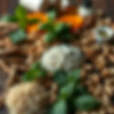 An array of natural ingredients typically found in thigh slimming wraps, like herbs and oils