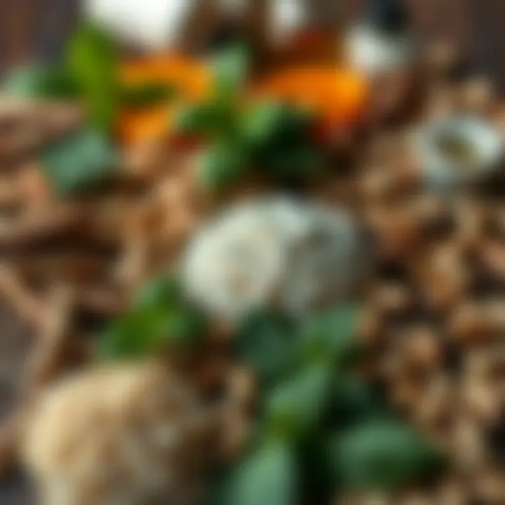 An array of natural ingredients typically found in thigh slimming wraps, like herbs and oils