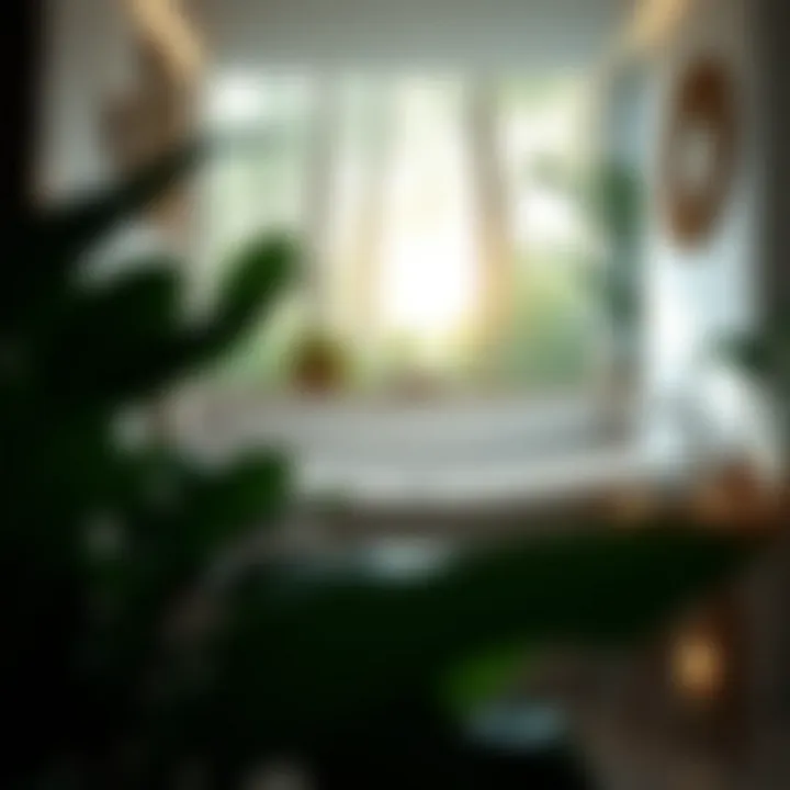 A tranquil bathroom setting with soft lighting and large plants mimicking a forest environment