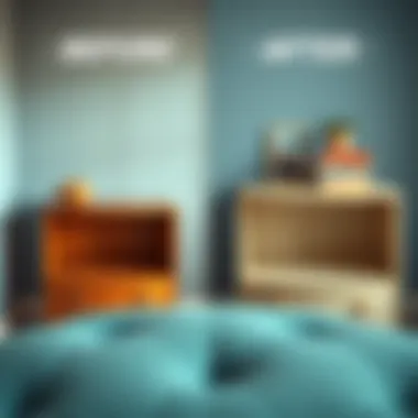 Before and after comparison of a plain piece of furniture transformed with stickers