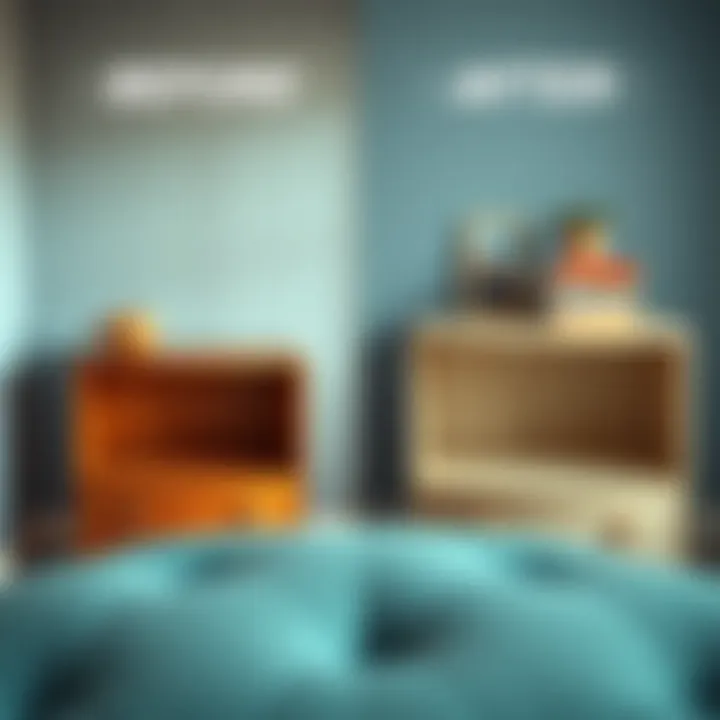 Before and after comparison of a plain piece of furniture transformed with stickers