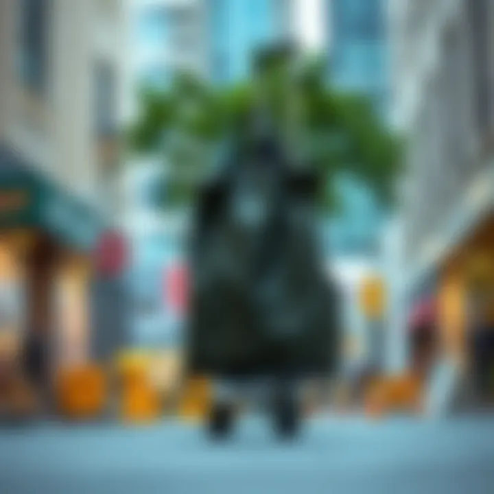 Trendy collapsible shopping bag on wheels in urban setting