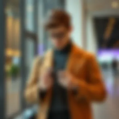 Fashionable individual using a retractable card wallet in a modern setting