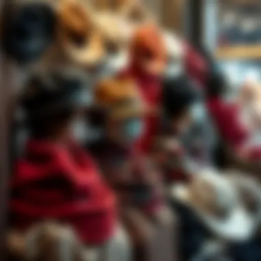 Seasonal display featuring various hats and scarves arranged artistically