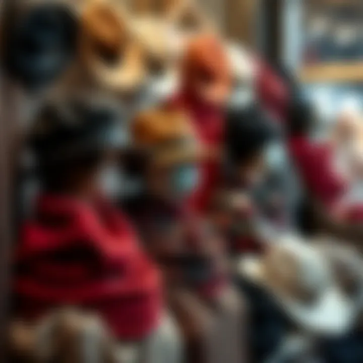 Seasonal Styles Showcase Seasonal display featuring various hats and scarves arranged artistically